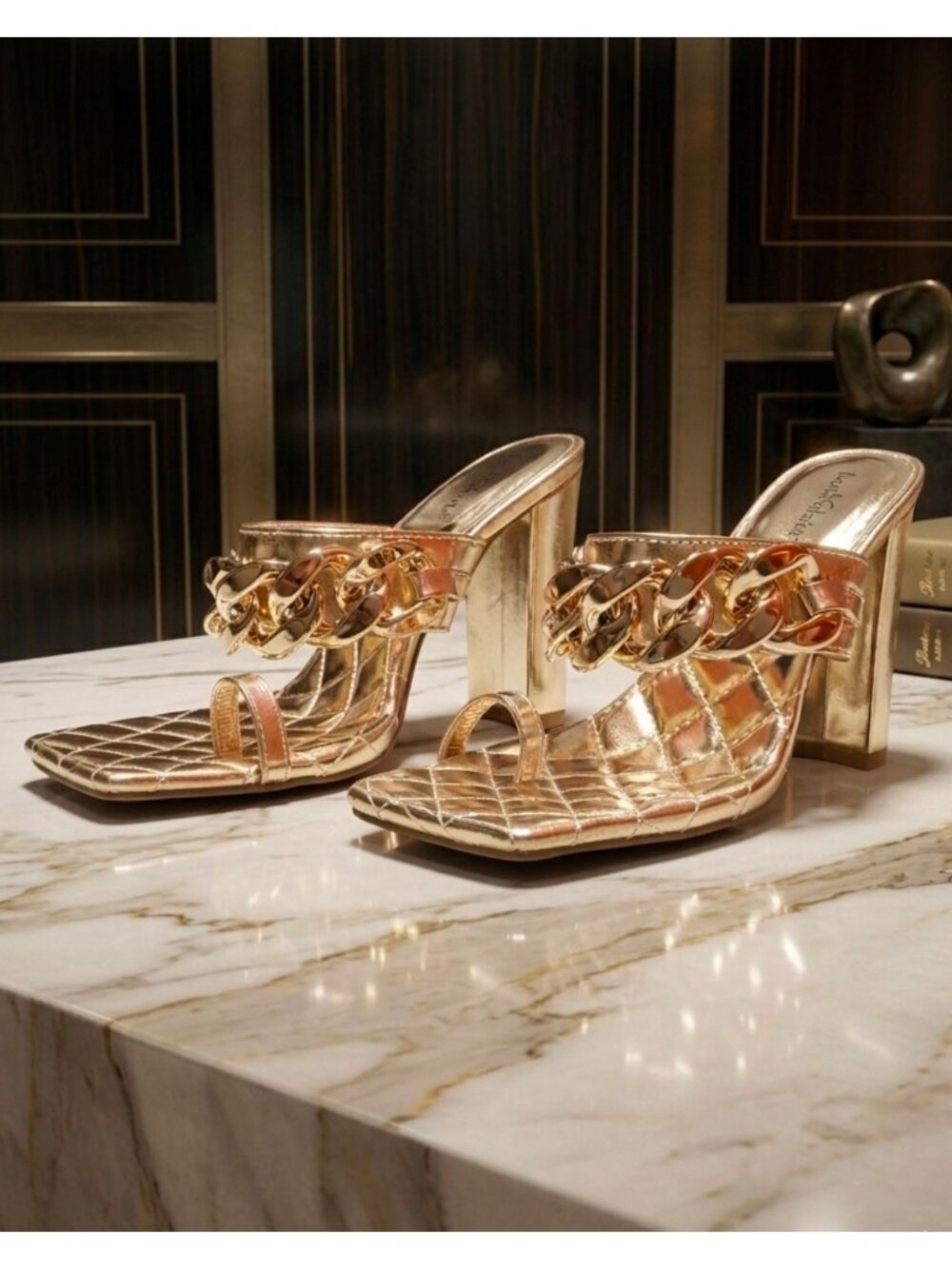 Gold Block Heel Chain Quilted Open Toe Mules For Women By Lovmark
